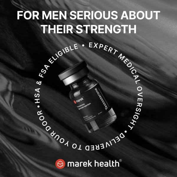 This image ad promotes Marek Health, featuring a bottle of Testosterone Cypionate Injection against a textured black bac