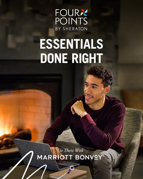 This ad for Four Points by Sheraton features a man working on his laptop in a hotel room. The ad highlights the essentia