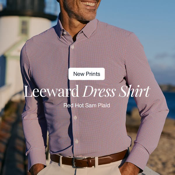 This ad features a man wearing a red and white plaid dress shirt. It is promoting the Leeward Dress Shirt, in the new pr