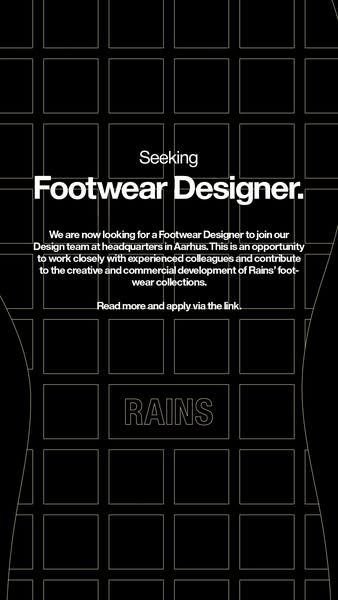 The ad is for a job posting for a Footwear Designer to join the design team at Rains' headquarters in Aarhus.