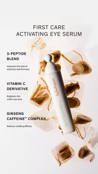This ad promotes Sulwhasoo's First Care Activating Eye Serum. The image highlights key ingredients like ginseng and 