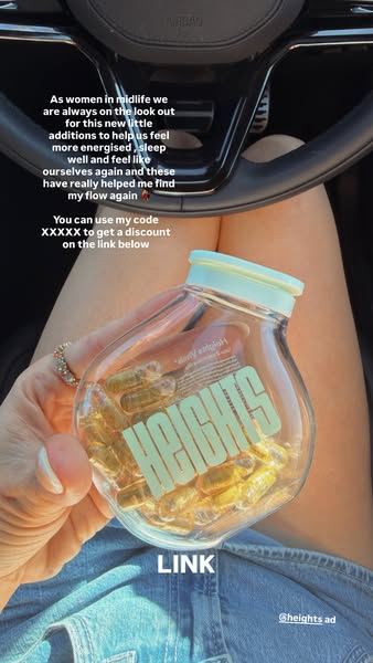 An image ad featuring a woman in her car holding a jar of Heights supplements. She shares her positive experience and pr
