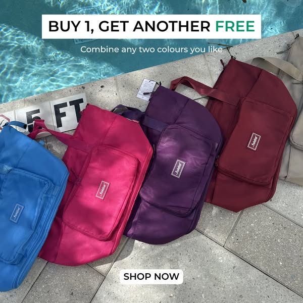 The ad features a flat lay of four Foldie bags in different colors next to a swimming pool. The ad promotes a 'Buy 1