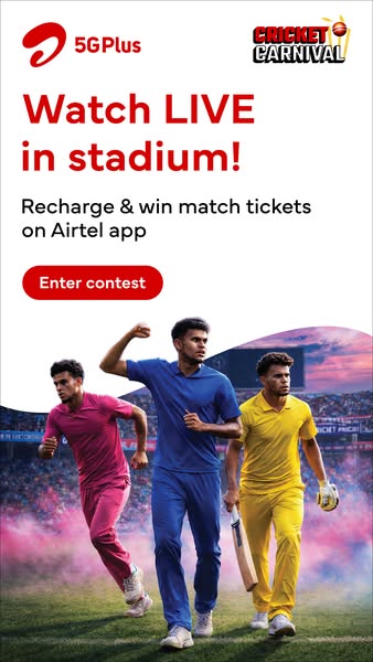 The image ad promotes Airtel's 5G Plus service by offering users the chance to win match tickets by recharging on th