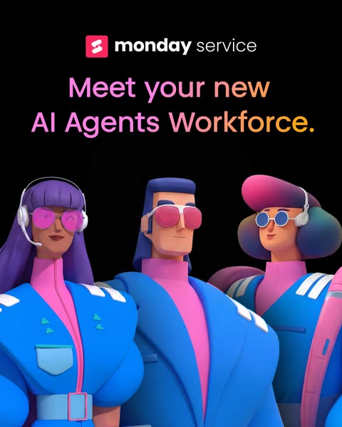 This ad introduces Monday Service's new AI Agents Workforce with 3D animated figures dressed in retro 80s style. The