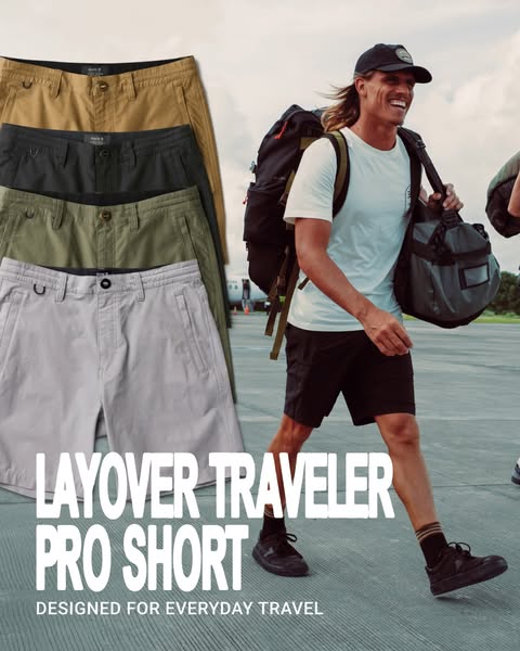 This image ad showcases the Layover Traveler Pro Short from the brand Howler Brothers, emphasizing its design for everyd