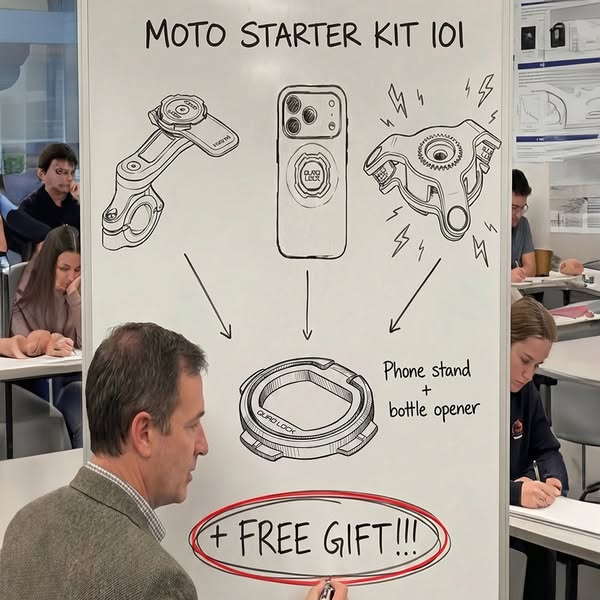This ad utilizes a whiteboard with product sketches and hand-drawn annotations to demonstrate the features of the Quad L