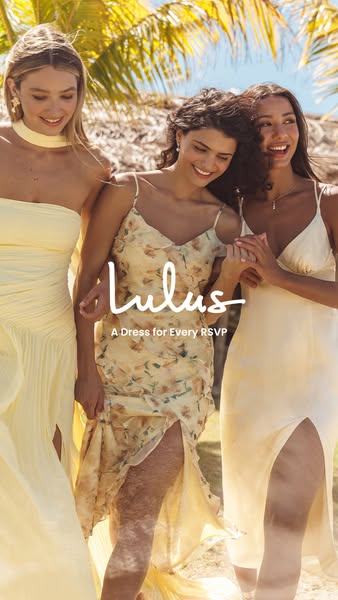 This image ad for Lulus features three women dressed in pastel-colored dresses posing on a tropical beach. The ad showca