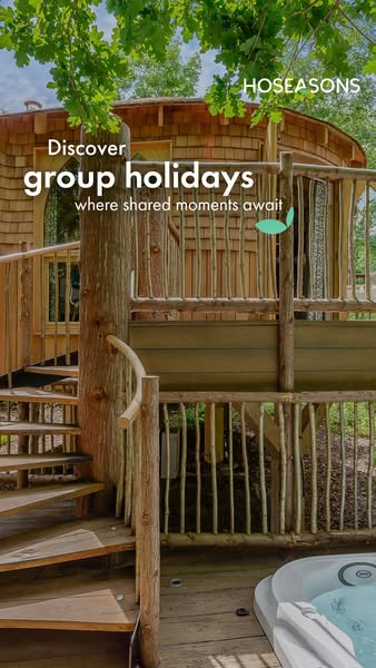 This ad showcases an outdoor vacation rental property with a rustic treehouse design, a spiral staircase, and a hot tub.