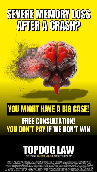 The image ad for Topdog Law conveys the message that if you have severe memory loss after a crash, then you might have a