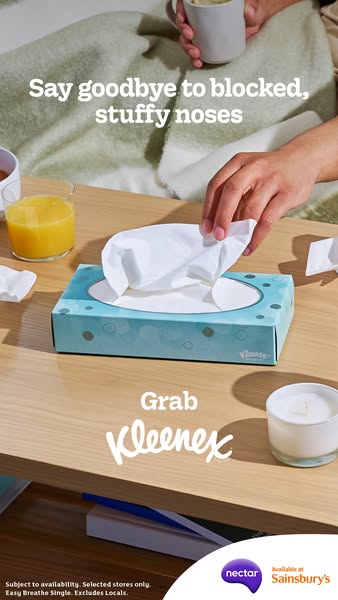 This image ad is promoting Kleenex tissues to help relieve blocked, stuffy noses. It features an image of a box of Kleen