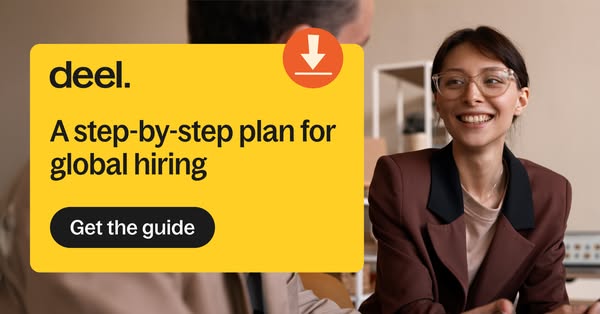 This image ad promotes Deel, a global hiring platform, by offering a step-by-step guide. The ad features a professional 