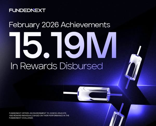 The ad showcases FundedNext's February 2026 achievements, highlighting the disbursement of $15.19 million in rewards