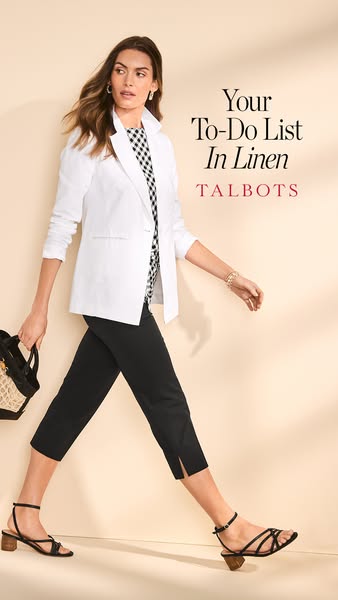 This ad by Talbots features a woman wearing a linen blazer, black pants, and heeled sandals. The ad aims to highlight th