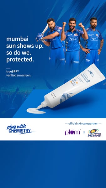 An ad by Plum promoting their sunscreen product by partnering with the Mumbai Indians cricket team. The ad features 3 pl