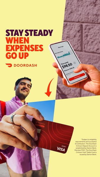 This image ad for DoorDash promotes the DoorDash Crimson Visa Debit Card as a way for DoorDash drivers to manage their e
