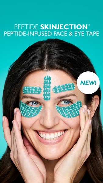 This image ad showcases PTR Peptide Skinjection peptide-infused face and eye tape. The ad features a woman with the tape