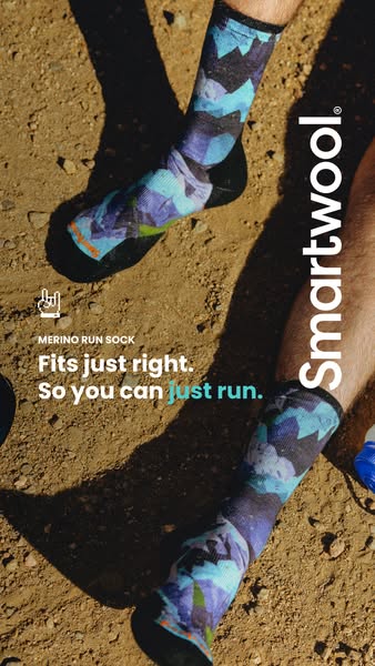 This ad highlights Smartwool's Merino Run Sock with a close-up shot of a runner on a dirt trail. It focuses on how t