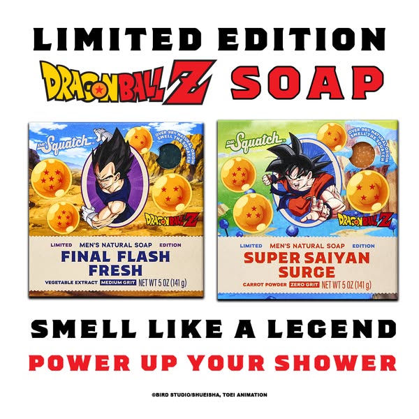 The ad shows a close-up image of two limited edition Dr. Squatch soap boxes that feature Dragon Ball Z characters Vegeta