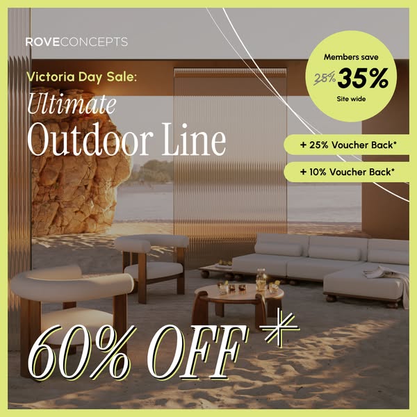 This is an image ad by Rove Concepts promoting a Victoria Day Sale for their "Ultimate Outdoor Line" with disc