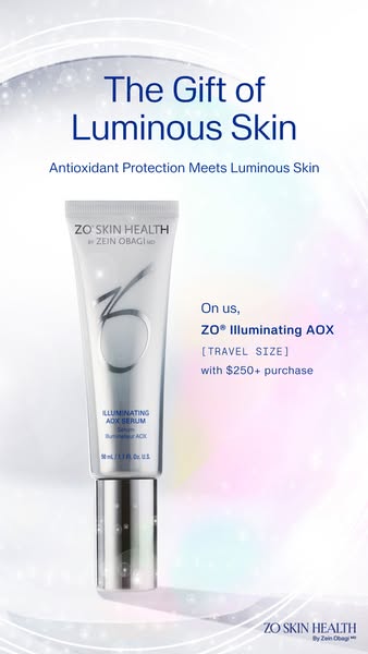 This ad showcases ZO® Illuminating AOX serum and promotes a gift with purchase for a travel-sized version of the product