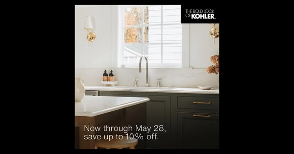 This image ad for Kohler promotes a sale of up to 10% off through May 28. The ad features a kitchen with Kohler fixtures