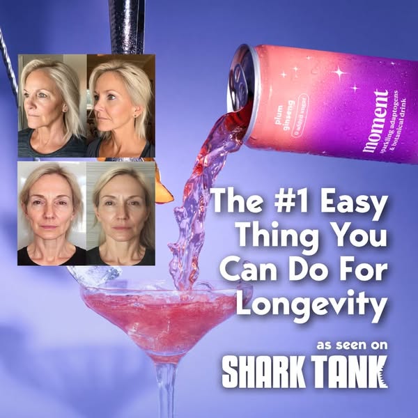 This image ad promotes Moment, a sparkling adaptogen and botanical drink, as an easy way to improve longevity. It featur