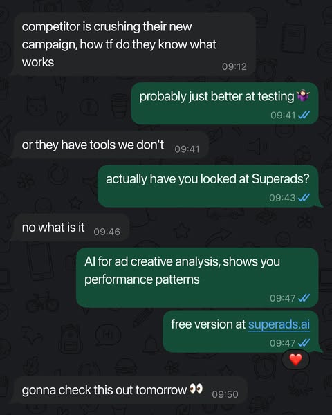This ad uses a screenshot of a chat conversation to highlight the problem of competitors outperforming and then offers S