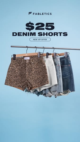 This image ad for Fabletics promotes denim shorts for $25 as a new VIP offer. The ad features a close-up view of four de