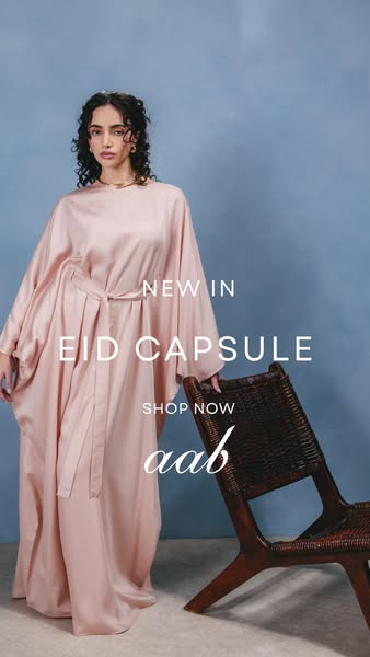 This ad promotes Aab's new Eid capsule collection, showcasing a long-sleeved, blush-colored dress with a tie waist. 