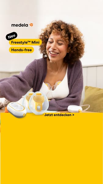 This ad showcases Medela's Freestyle™ Mini Hands-free breast pump, featuring a woman using the product. The ad inclu