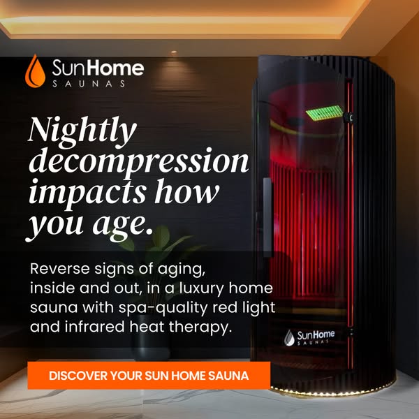 The image ad highlights the benefits of nightly decompression using Sun Home Saunas, emphasizing how it can reverse sign