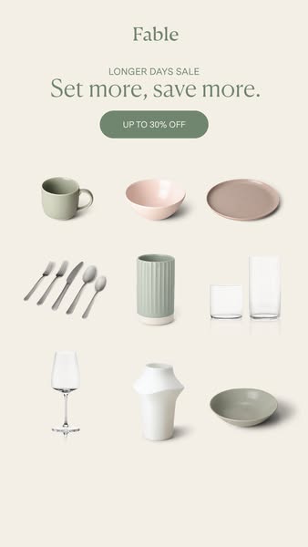 This ad for Fable promotes a longer days sale. The ad shows an array of home and dining products.