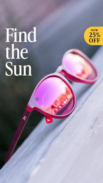 This ad features a pair of red sunglasses resting on a textured surface. The sunglasses have mirrored pink lenses that r