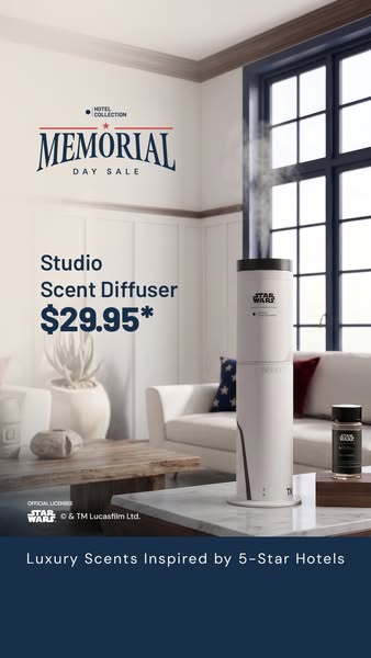 This ad is for the Hotel Collection's Studio Scent Diffuser. It features the diffuser in a living room setting with 