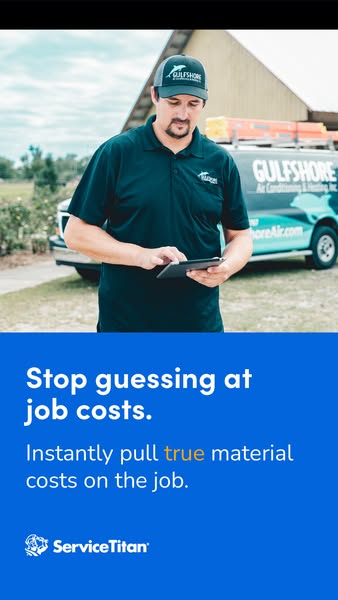 This ad for ServiceTitan highlights the problem of guessing at job costs and offers a solution by instantly pulling true