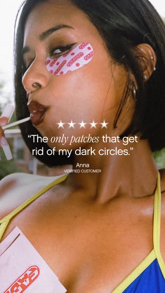 An image ad features a woman with an eye patch who endorses the product for getting rid of her dark circles.