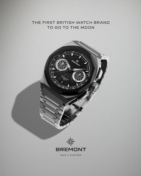 This ad for Bremont showcases the brand as the first British watch brand to go to the moon and features a detailed shot 