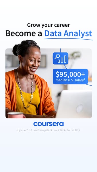 This image ad promotes Coursera as a way to grow your career and become a data analyst. It features an image of a smilin