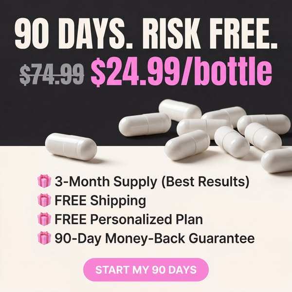 Image ad showcasing a discount offer of $24.99/bottle (originally $74.99) for a 90-day supply of a product. Additional b