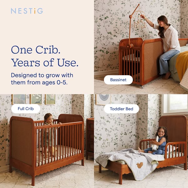 This image ad showcases a crib that transforms into a bassinet, full crib, and toddler bed, highlighting its longevity a