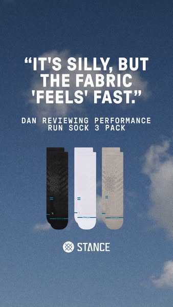 This image ad features a testimonial about Stance brand running socks. The ad shows a 3-pack of socks in different color