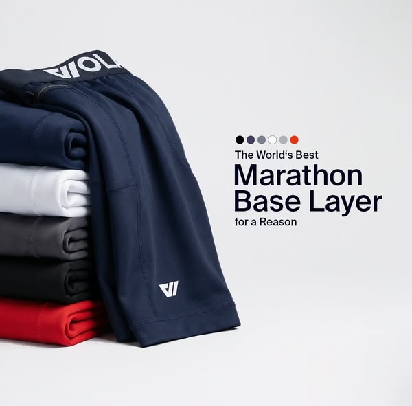 This image ad showcases the Marathon Base Layer shorts from the brand VIORL. The ad features a stack of the shorts in di
