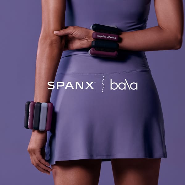 This ad features a collaboration between Spanx and Bala, showcasing Bala Bangles worn by a model in Spanx activewear. Th