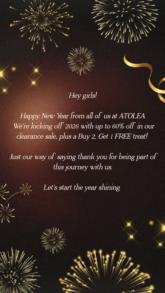 This ad is a New Year's greeting from ATOLEA, announcing a clearance sale with up to 60% off and a Buy 2, Get 1 Free