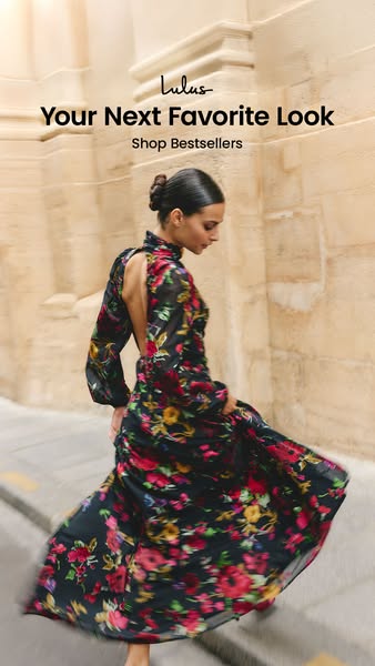 This image ad for Lulus features a woman wearing a floral print dress. The ad encourages viewers to shop bestsellers.