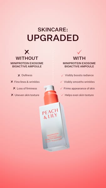This ad contrasts the potential issues of skin without the Peach & Lily Mini Protein Exosome Bioactive Ampoule with 