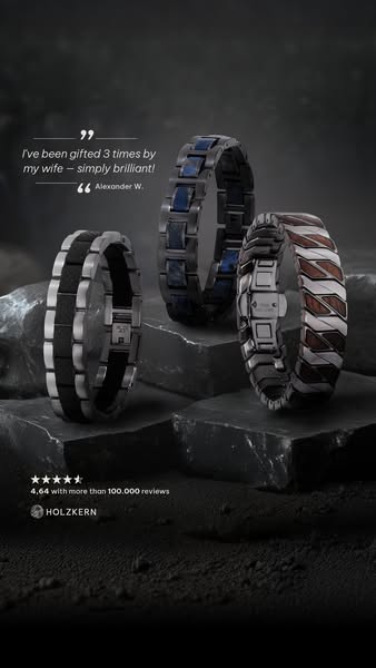 This image ad showcases three Holzkern wooden bracelets, emphasizes customer satisfaction through a testimonial, and hig