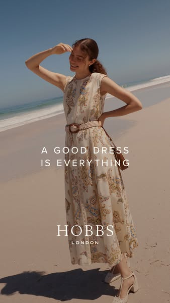 This ad features a woman in a dress on a beach on a sunny day. The text says, "A good dress is everything." It