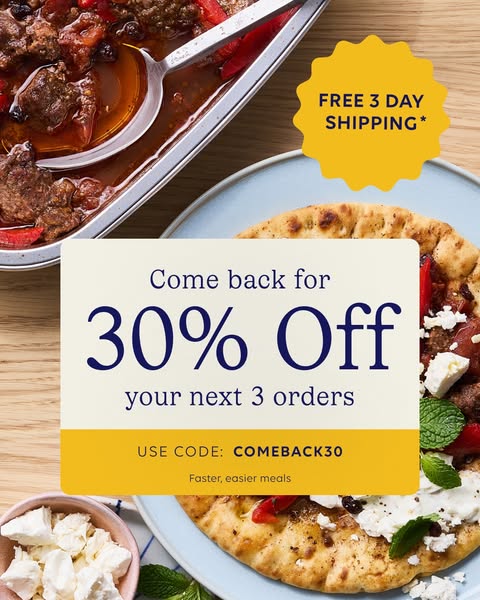 An image ad for a meal delivery service featuring 30% off the next 3 orders with code COMEBACK30.